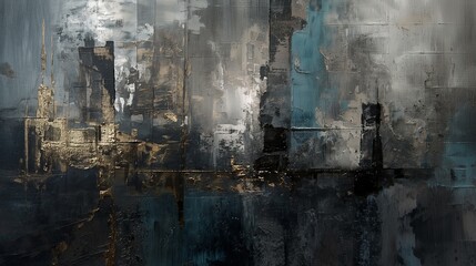 An abstract piece inspired by urban landscapes, with metallic hues and elements of architectural forms blended into an abstract composition.representation of city life. 8k - obrazy, fototapety, plakaty