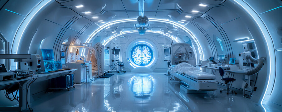 Neurology research lab futuristic brain scans illuminating high tech equipment groundbreaking pharma discoveries