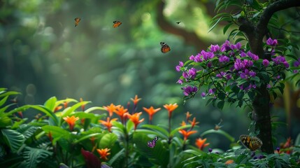 The Purple Ipe tree standing tall in a lush tropical rainforest, surrounded by a symphony of exotic flora and fauna, its fragrant blossoms attracting a myriad of butterflies and hummingbirds