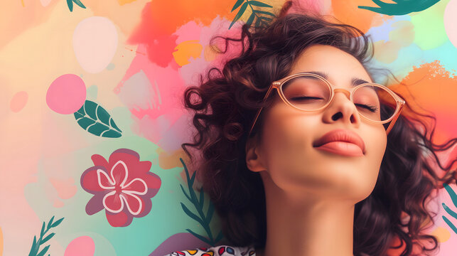 Inspirational colorful background for the Women's Day social media campaign. Front view of a smiling woman on vibrant abstract floral colorful background with copy-space for text.