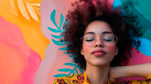 Inspirational colorful background for the Women's Day social media campaign. Side view of a black woman wearing glasses on abstract floral colorful background with copy-space for text.