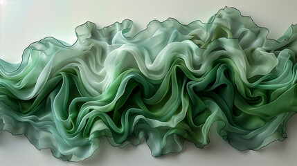 Ripple Of Translucent Green Fabrics With Wavy Edges Cascading Across A Neutral Background.