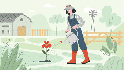 Farm Landscape With Woman