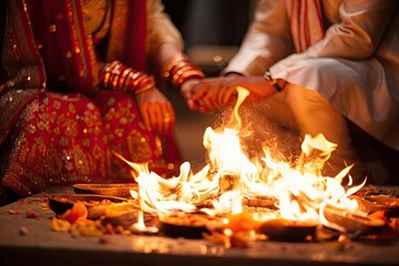 Hindu couple performs wedding rituals around a sacred fire during their wedding ceremony. - obrazy, fototapety, plakaty