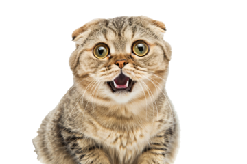 Bengal cat and lynx portraits on white background, featuring cute kittens with fur, sitting and looking funny