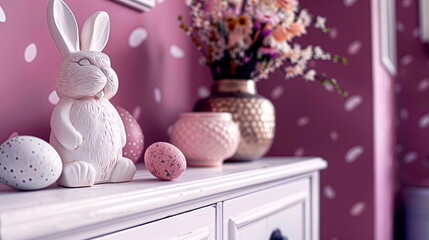A white ceramic bunny beside speckled Easter eggs on a white dresser with a vase of flowers against a pink dotted wall