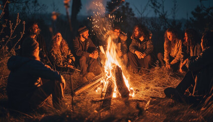 Friends Enjoying Campfire Gathering in Forest at Night