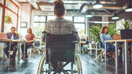 Woman in a wheelchair participates in a modern office setting, symbolizing inclusivity and diversity in the workplace.