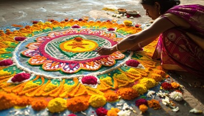 Colorful rangoli art with diya lamps for Indian festival.