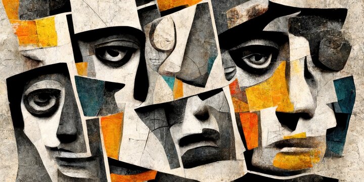 Generative AI, Faces collage abstract background, wallpaper illustration, black and white, dramatic mood