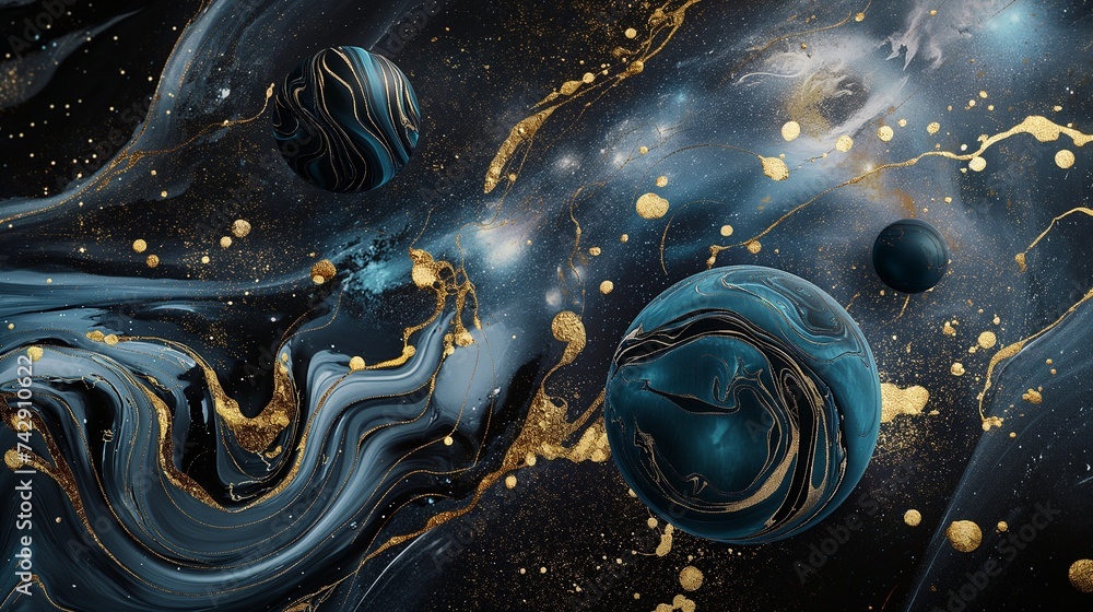 Poster an artistic take on planets orbiting through space, with each planet enveloped in a unique marbled t