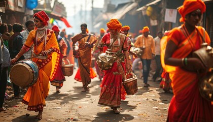 Indian women playing drums in traditional parade.