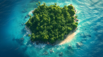 Small dense island in the middle of the blue ocean. Top View