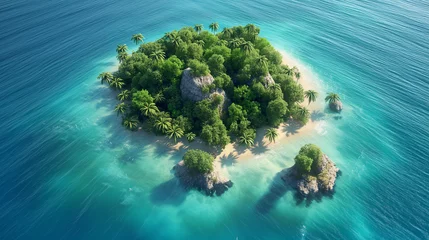 Gordijnen Small dense island in the middle of the blue ocean. Top View © GeorgeAI