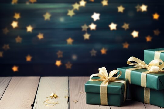 Teal green gift boxes tied with elegant cream ribbons against a star-patterned background, capturing the essence of festive giving.