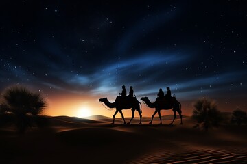 Silhouette of Three wise men riding a camel along the star path. To meet Jesus at first birth