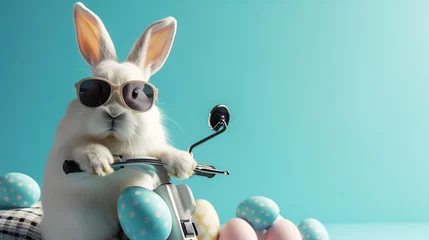 Foto op Canvas A cool Easter bunny in glasses rides a motorbike with painted eggs on a blue background © Alina