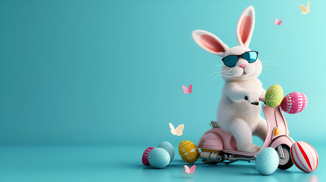 Easter bunny, donning glasses rides a motorbike with painted eggs against a vibrant blue background