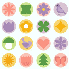 Modern geometric colorful icons set. Flowers, leaves and birds in flat minimalist style. Isolated vector illustration