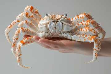 Hand holding king crab isolated on gray, food and conservation concept