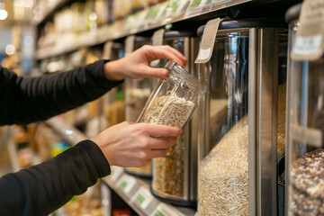 A person's hand is shown selecting a glass bottle filled with white rice from a modern bulk dispenser in a grocery store. This zero-waste shopping option highlights sustainable practices.