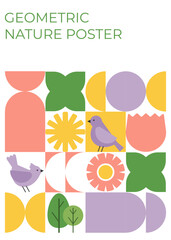 Modern geometric poster. Colorful flowers, leaves and birds in flat minimalist style.