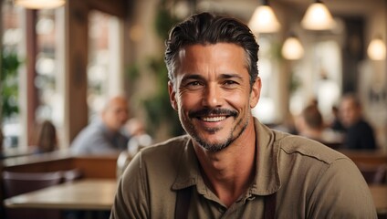 A man smiling at the camera, with a vintage cafe setting in the background gently blurred, providing a nostalgic and cozy feel to the portrait. generative AI
