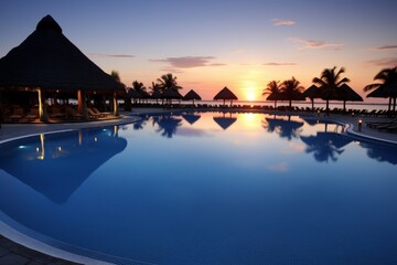 Luxurious tropical paradise  shimmering pools, palm fringed sky, ultimate relaxation and refreshment