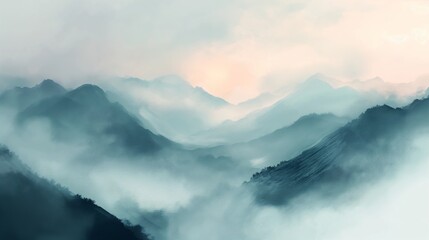 serene beauty of mountains shrouded in mist, using a digital watercolor approach. - obrazy, fototapety, plakaty