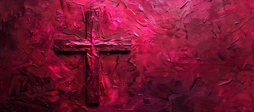 red violet cross with copy space, textured painting, worship slide background. concept wallpaper, holy week. ideal of  communion image