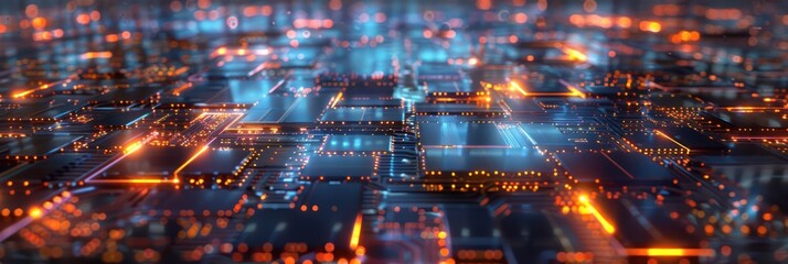 Futuristic processor chips with glowing connections. Background for technological processes, science, presentations, etc