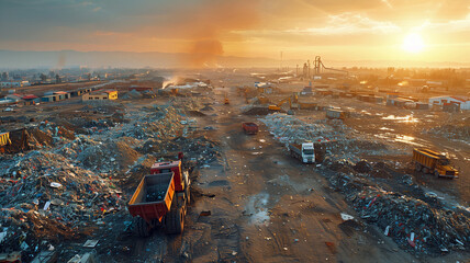 Aerial View of Expansive Landfill Site at Sunset. A wide aerial shot captures the sprawling expanse of a landfill site with heavy machinery operating under the glow of a setting sun.
