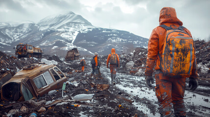 Waste Management Team Active in Landfill Site. Workers in safety gear coordinate waste management in a landfill, against a backdrop of a snowy mountainous environment.
 - obrazy, fototapety, plakaty