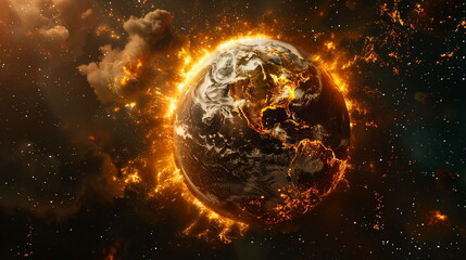 A dramatic image of the Earth engulfed in flames and embers against a backdrop of space, symbolizing global disaster - obrazy, fototapety, plakaty