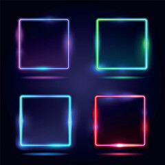 Set of vector gradient neon frames. Isolated light square or led rectangle, glowing shape or ui border. Electric box for disco or party, bar or club show label or sign. Line element for background