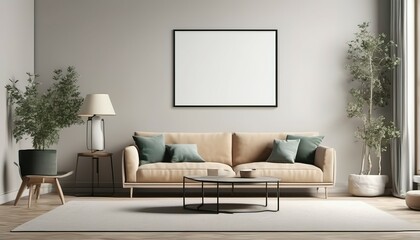 Frame mockup, ISO A paper size. Living room wall poster mockup. Interior mockup with house background. Modern interior design. 3D render