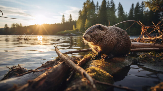 A beaver working on building a dam with found wood on a lake, natural habitat.
