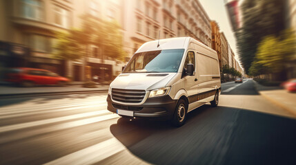 A delivery car in city way. Cargo van driving. Blurred of city streets.