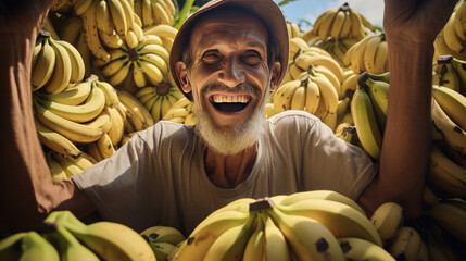 Obraz na płótnie Canvas A happy farmer showing ripe bananas after a banana harvest.