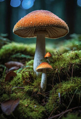 Fototapeta premium Beautiful glowing neon mushroom on moss, forest blurred background