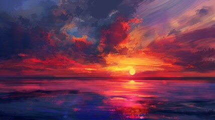 Capture the essence of a sunset in an abstract form, with warm oranges, reds, and yellows blending into cool purples and blues.  - obrazy, fototapety, plakaty