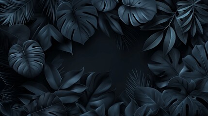 A background of pure black with the silhouettes of tropical leaves abstractly arranged. The leaves vary in opacity, creating depth and a sense of mystery in the dark nature theme. 8k - obrazy, fototapety, plakaty
