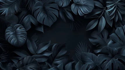 Deurstickers A background of pure black with the silhouettes of tropical leaves abstractly arranged. The leaves vary in opacity, creating depth and a sense of mystery in the dark nature theme. 8k © Muhammad