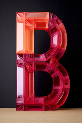 A big plastic letter B as an artwork. Transparent red letter made of glass, standing on the floor against a black wall. AI-generated