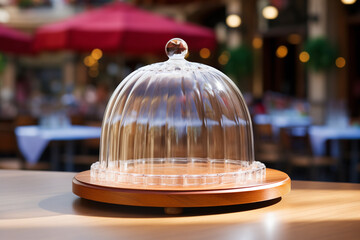 Clear glass cloche dome with a handle, placed on a table in a restaurant, showcasing an empty dish. Empty protective showcase for food mock-up with copy space. AI-generated