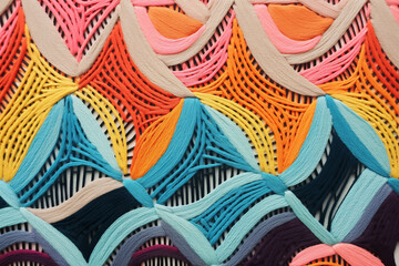 Decorative colorful embroidery as a background. Abstract textile waves of blue and orange creating a geometric pattern. AI-generated