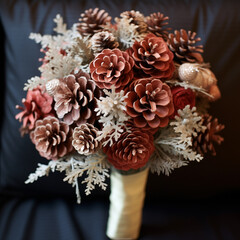 A bunch of pinecones as an interior decor element. Festive dry plant winter bouquet close-up. AI-generated