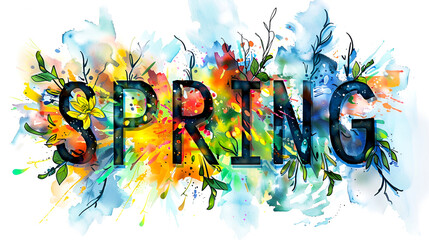 Colorful watercolor illustration with the inscription "Spring". The arrival of spring, bright, rich colors.