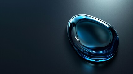 A close-up image of a vibrant blue liquid gel droplet on a sleek, reflective black background.
