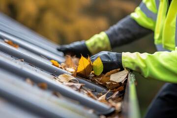 A man cleaning leaves in a rain gutter on a roof, cleaning dirty gutters.